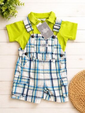 Koala Kids Baby Boys 2pc Outfit Lime Polo + Blue Plaid Cargo Shortall 6-9M NWT